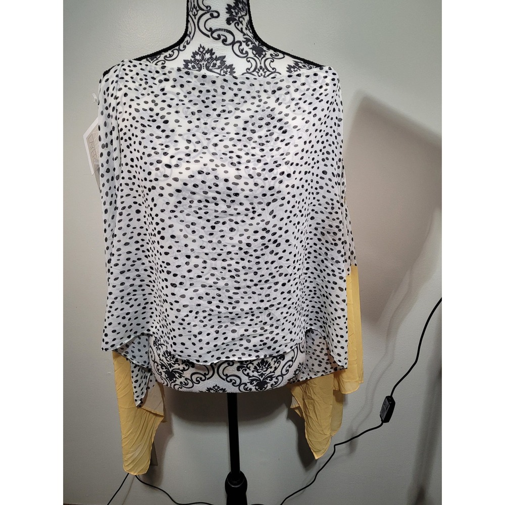 NWT WynneLayers Poncho Top Women M White Black Polka Dot Chiffon Colorblock